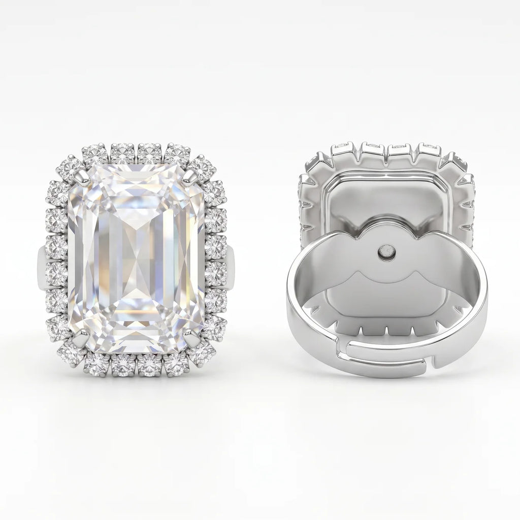 AYMI Ring Anti-Tarnish Emerald Cut Crystal Halo (Adjustable Size)