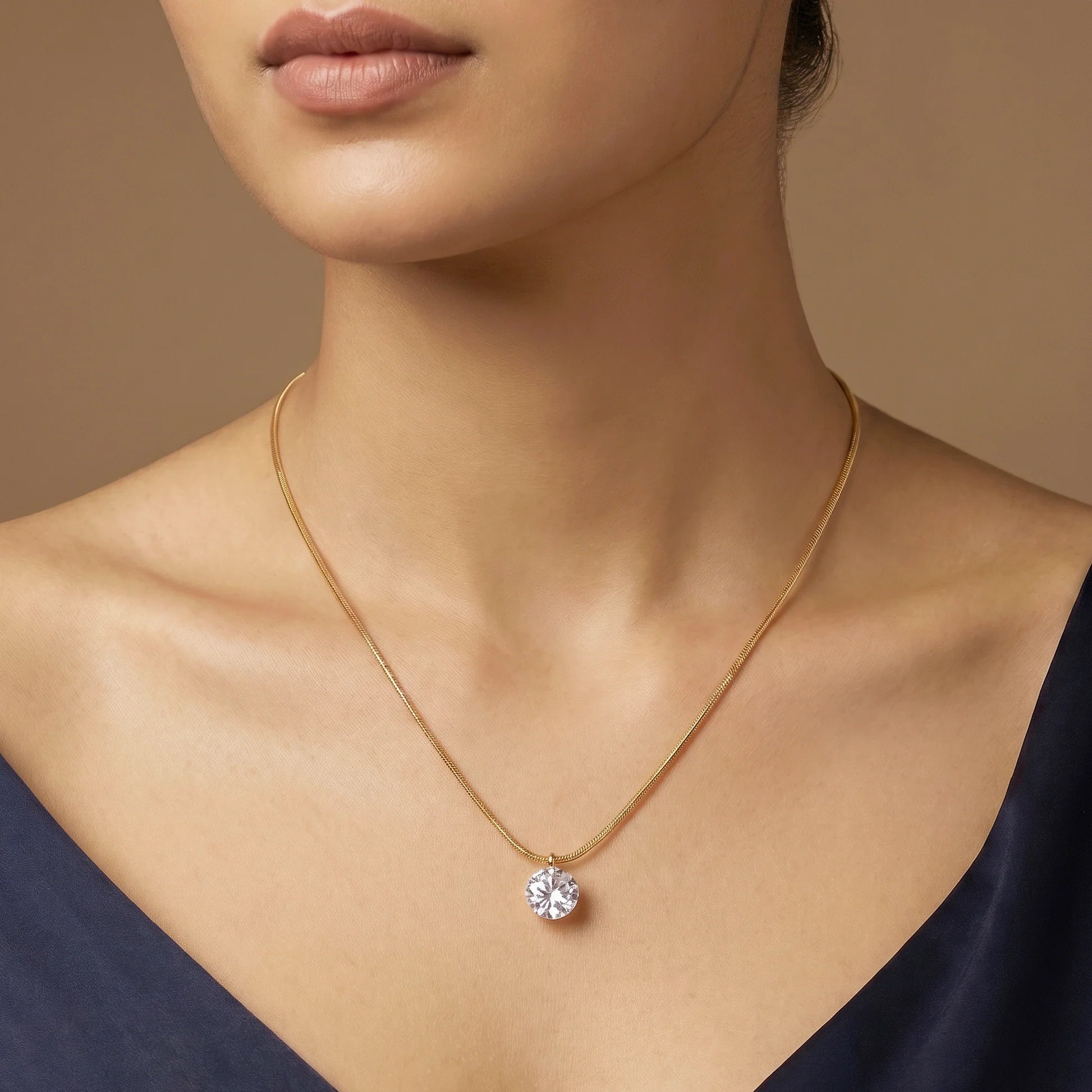 AYMI Necklace Anti-Tarnish Gold Plated Snake Chain Solitaire Pendant