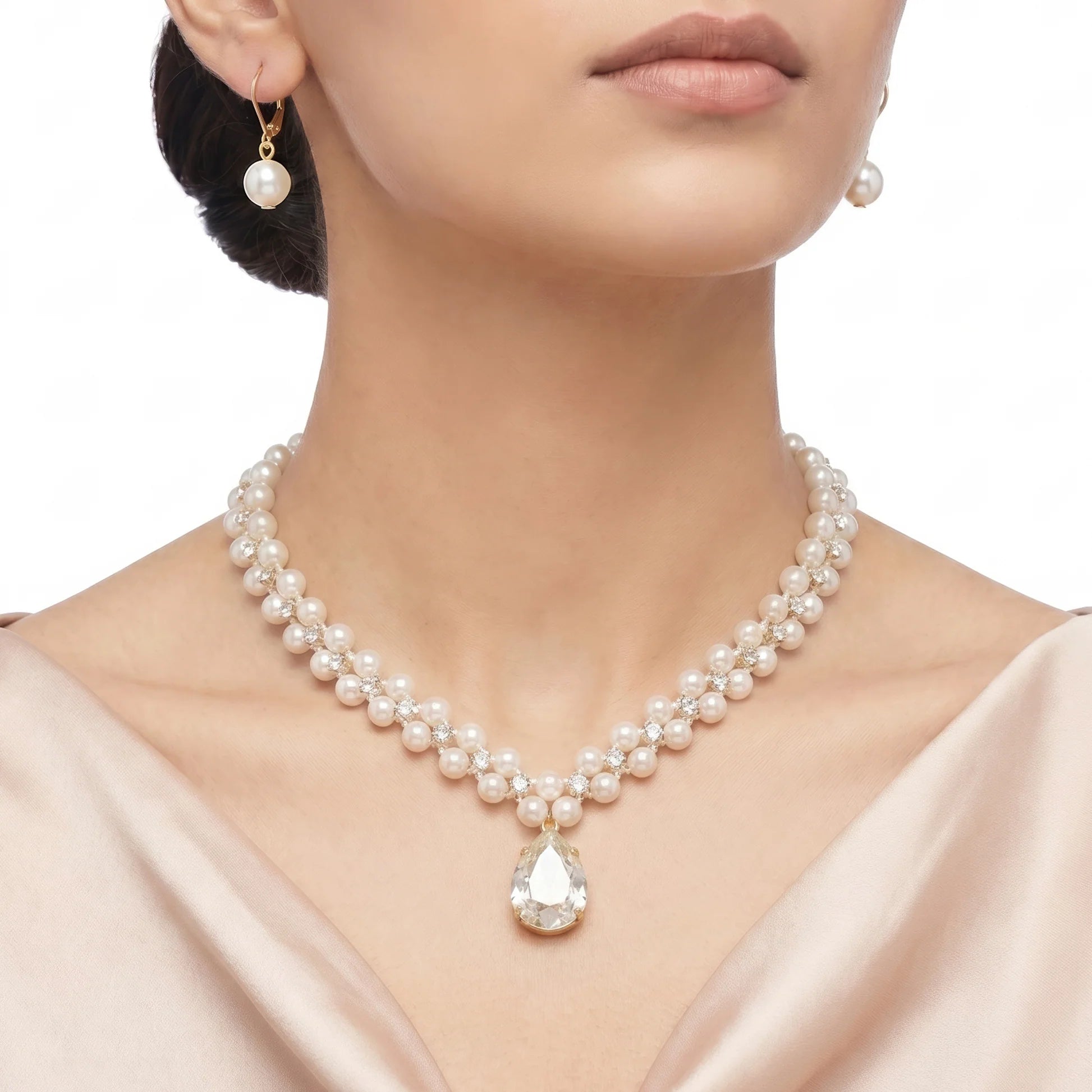 AYMI Necklace Anti-Tarnish Pearls & Crystal Set With Earrings