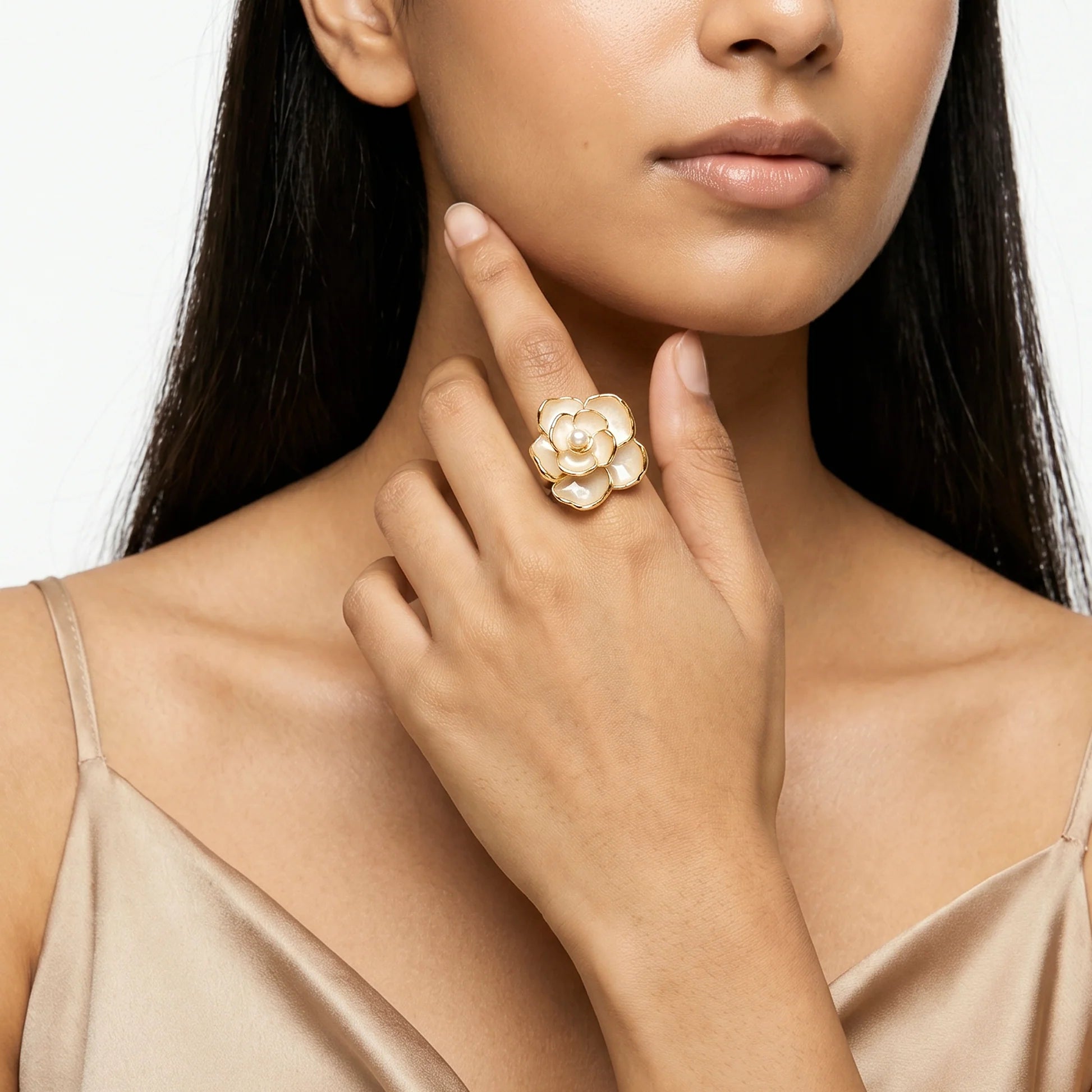 AYMI Ring Anti-Tarnish Enamel Flower Pearl (Adjustable Size)