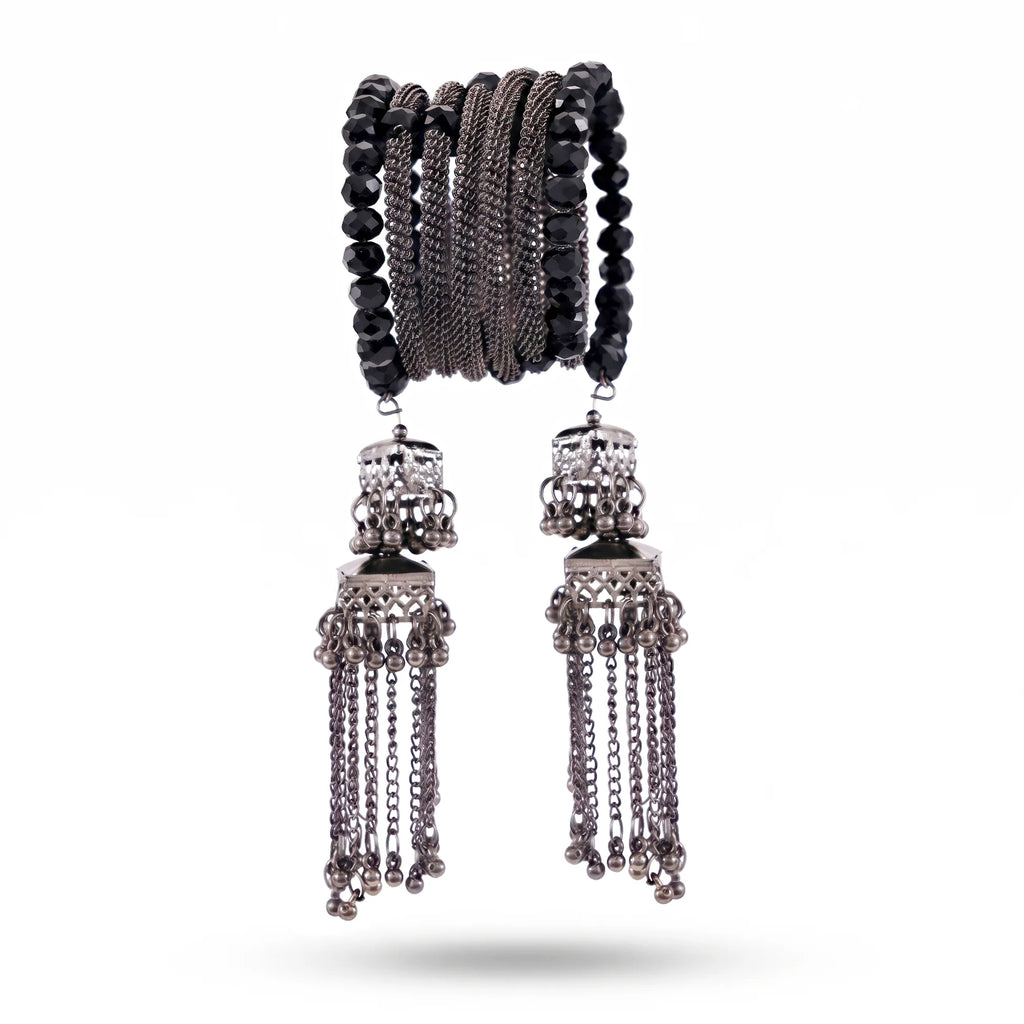 AYMI Bracelet Anti-Tarnish Spiral Black Crystals Tassels (Adjustable Size)