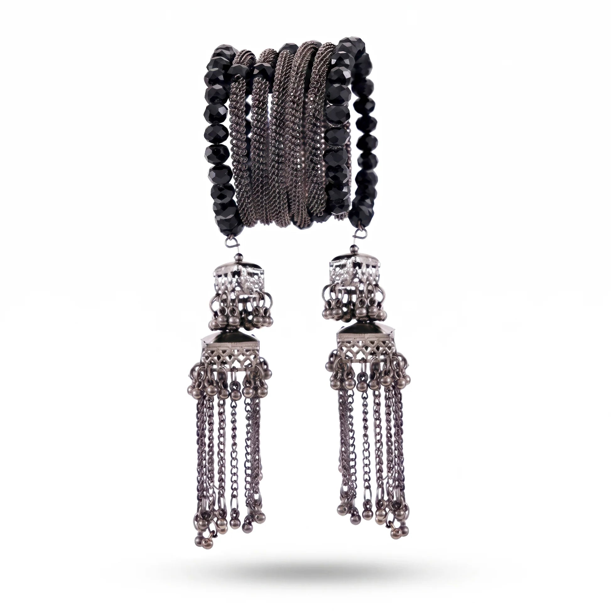 AYMI Bracelet Anti-Tarnish Spiral Black Crystals Tassels (Adjustable Size)
