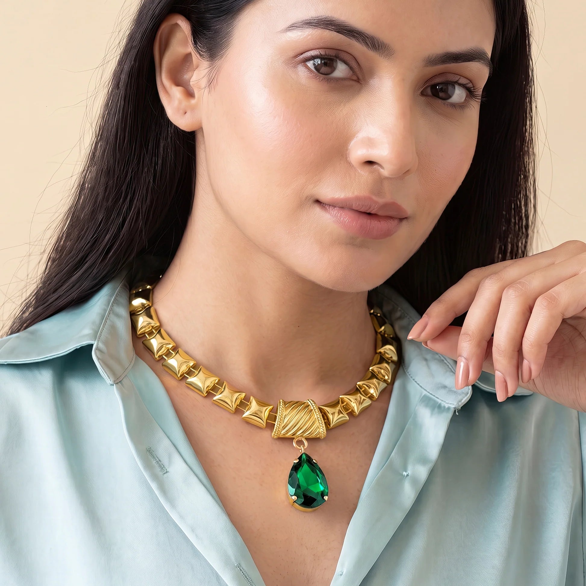 AYMI Necklace Anti-Tarnish Gold Plated Emerald Drop