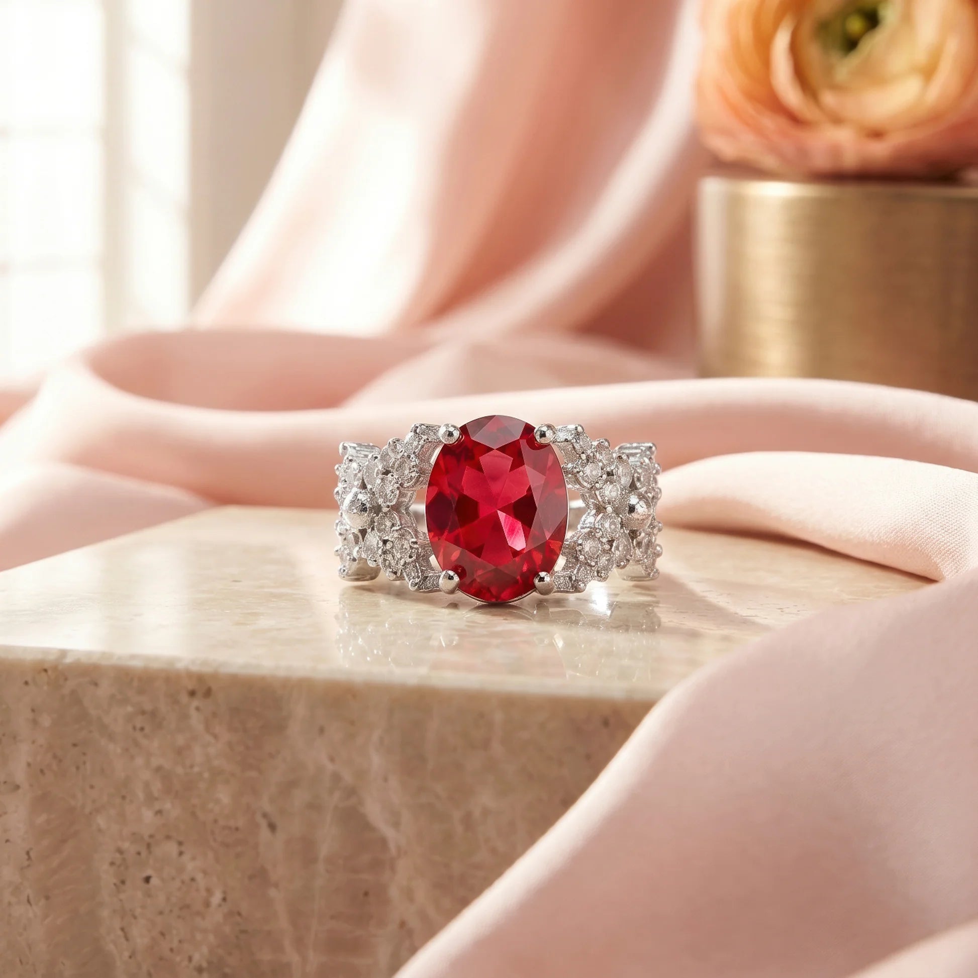 AYMI Ring Anti-Tarnish Ruby Oval Crystal (Adjustable Size)