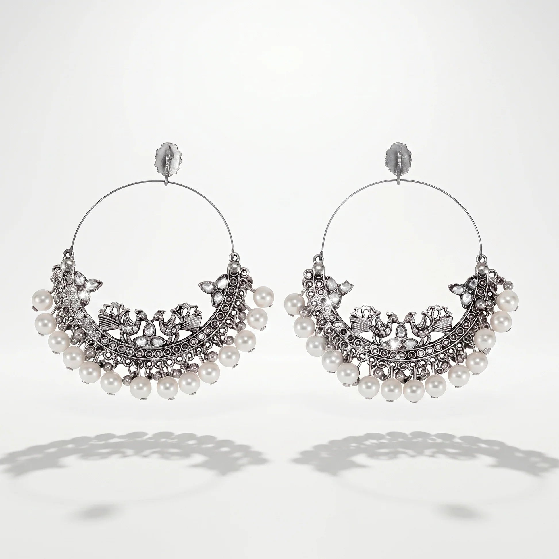 AYMI Earrings Anti-Tarnish Ornate Hoops Crescent Peacock Crystal Pearls