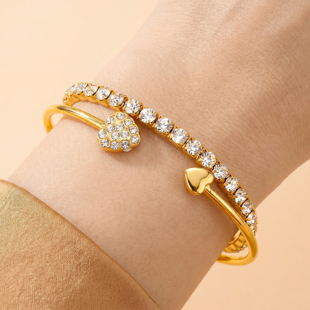 AYMI 2 Bracelets Anti-Tarnish
Rhinestone Chain Heart Bangle (Adjustable Size)