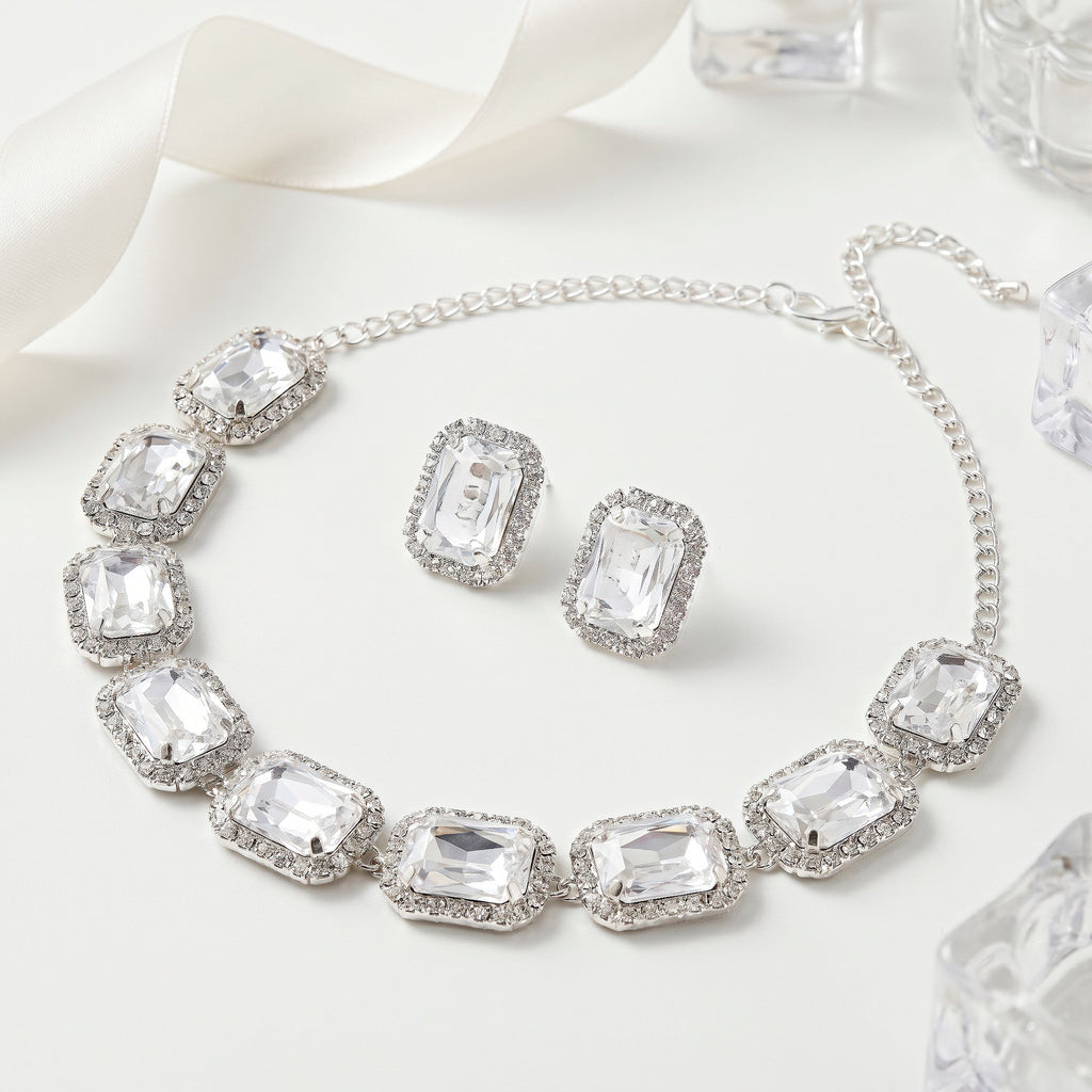 AYMI Necklace Anti-Tarnish Single-Line Rectangle Crystal Set With Earrings