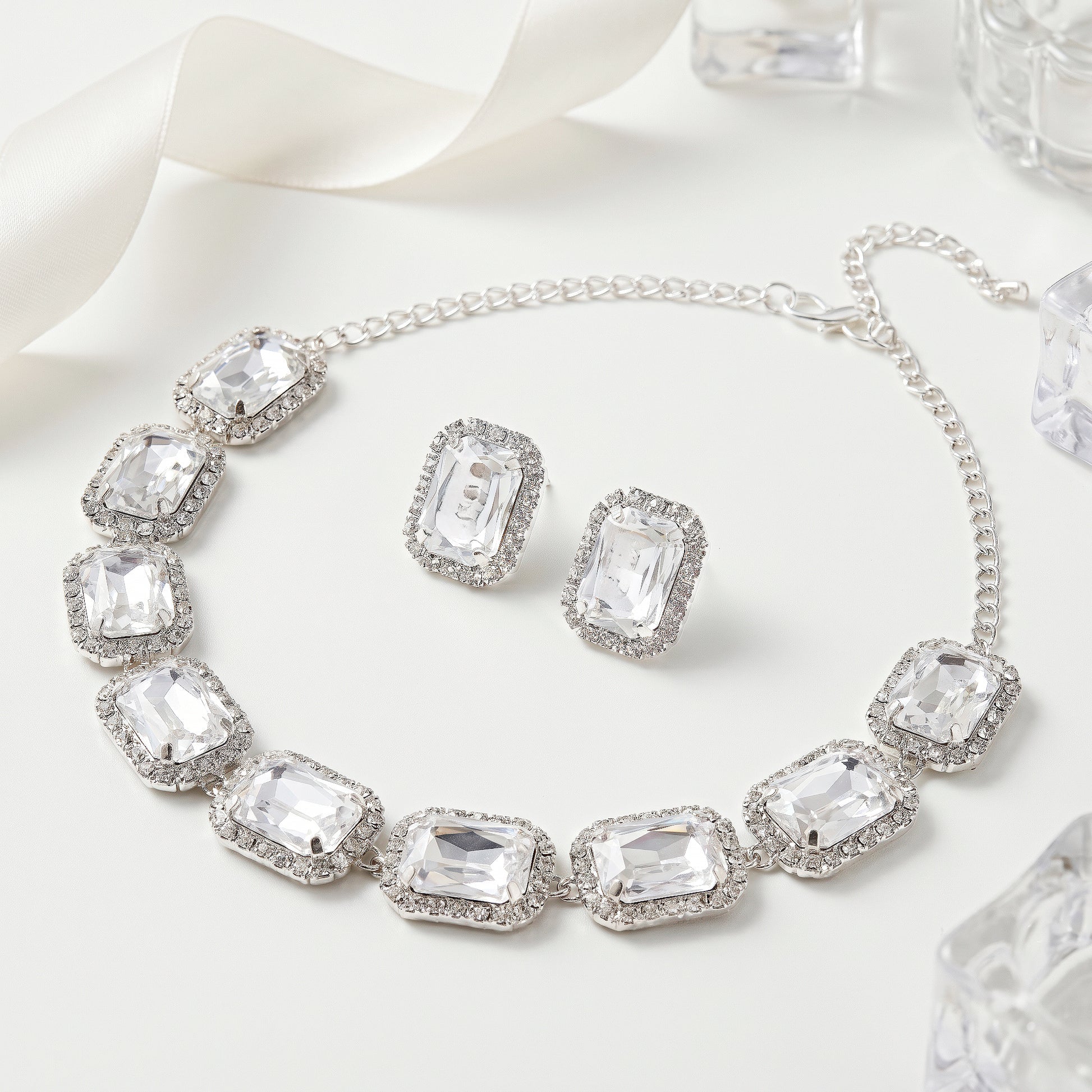 AYMI Necklace Anti-Tarnish Single-Line Rectangle Crystal Set With Earrings
