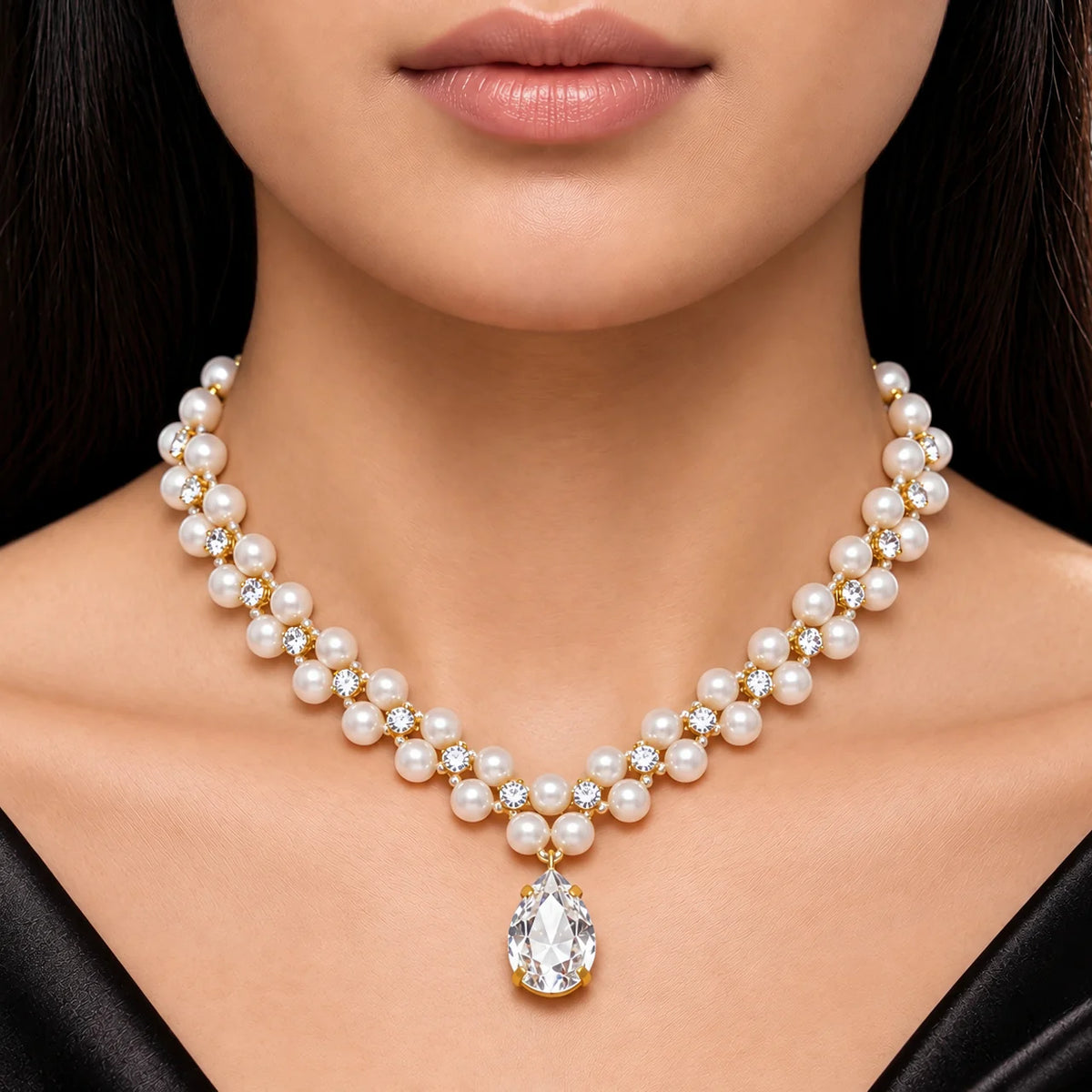 AYMI Necklace Anti-Tarnish Pearls & Crystal Set
