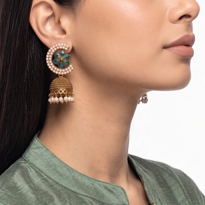 AYMI Traditional Anti-Tarnish Peacock Pearl Jhumkas