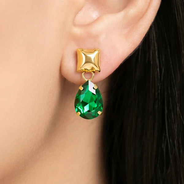 AYMI Emerald Anti-Tarnish Crystal Drop Earrings with Geometric Studs