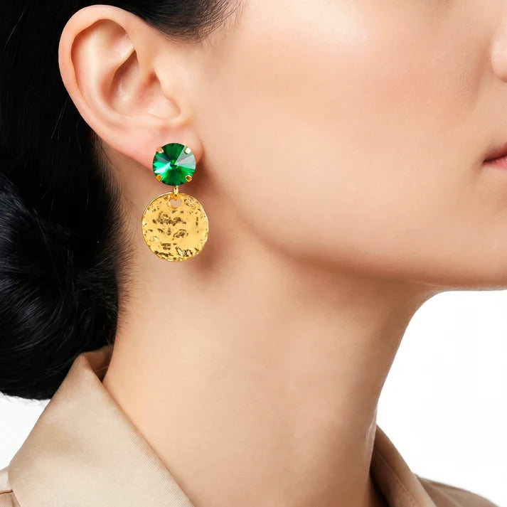 AYMI Emerald Crystal Anti-Tarnish Hammered Coin Earrings