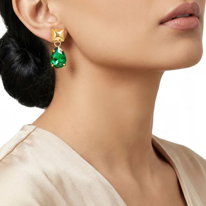 AYMI Emerald Anti-Tarnish Crystal Drop Earrings with Geometric Studs