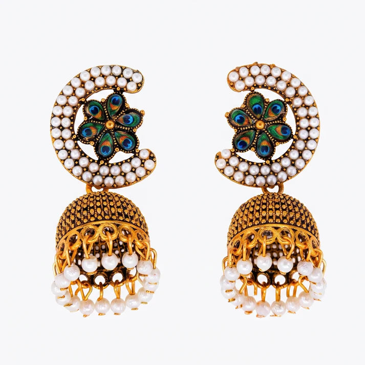 AYMI Traditional Anti-Tarnish Peacock Pearl Jhumkas