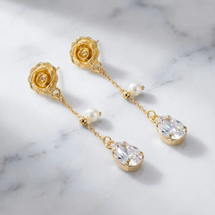 AYMI Rose Pearl Anti-Tarnish & Teardrop Crystal Earrings