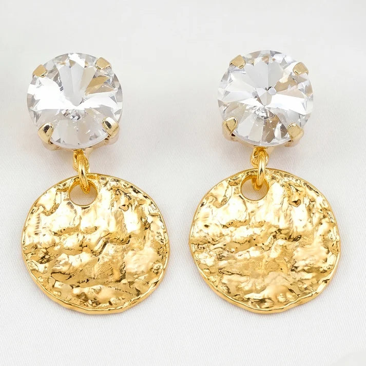 AYMI White Crystal Anti-Tarnish Hammered Coin Earrings