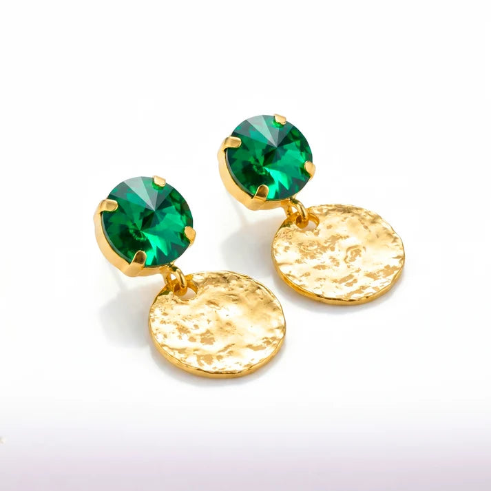AYMI Emerald Crystal Anti-Tarnish Hammered Coin Earrings
