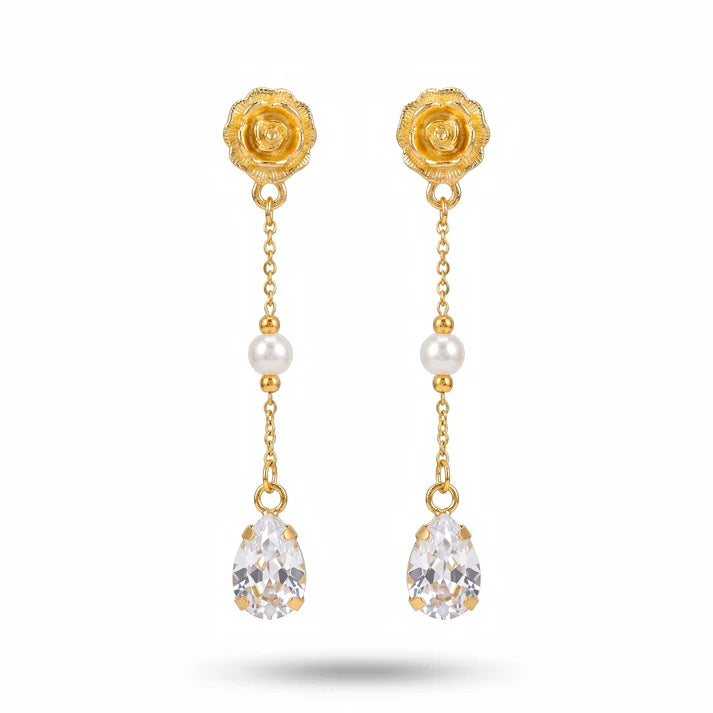 AYMI Rose Pearl Anti-Tarnish & Teardrop Crystal Earrings