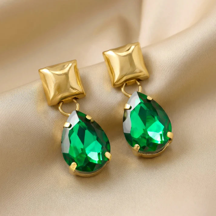 AYMI Emerald Anti-Tarnish Crystal Drop Earrings with Geometric Studs