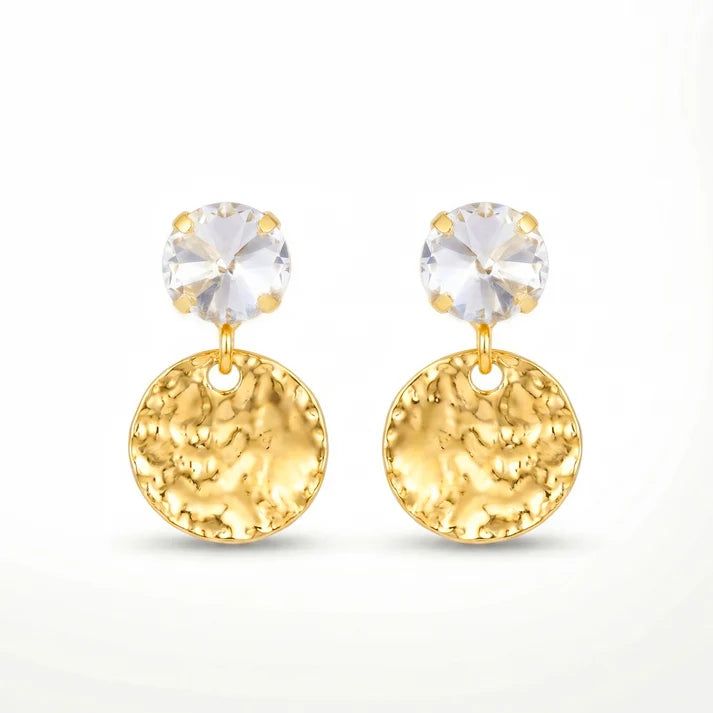 AYMI White Crystal Anti-Tarnish Hammered Coin Earrings
