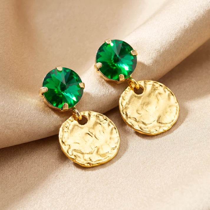 AYMI Emerald Crystal Anti-Tarnish Hammered Coin Earrings