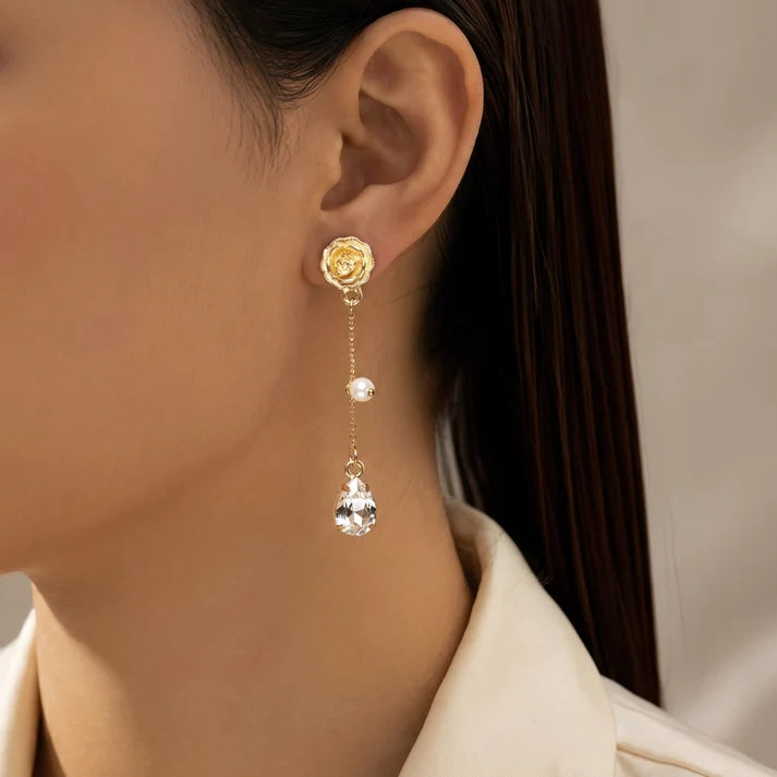 AYMI Rose Pearl Anti-Tarnish & Teardrop Crystal Earrings