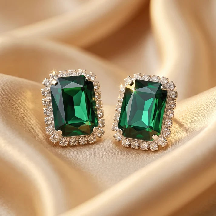 AYMI Classic Emerald Crystal Anti-Tarnish Halo Studs