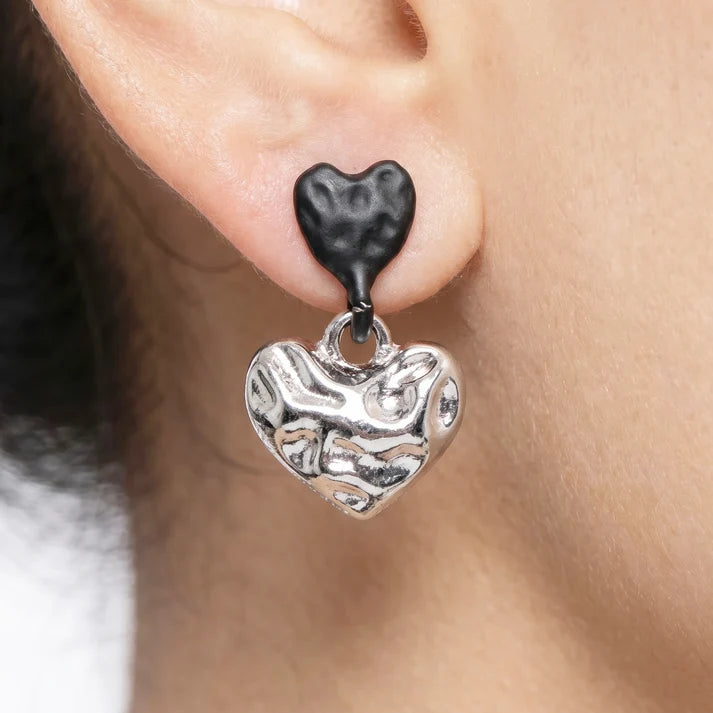 AYMI Black and Silver Anti-Tarnish Molten Heart Asymmetrical Earrings