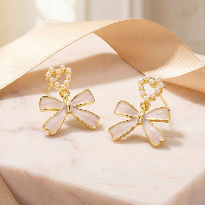 AYMI Enamel Bow Anti-Tarnish Pearl Drop Earrings