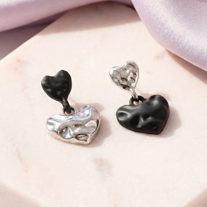AYMI Black and Silver Anti-Tarnish Molten Heart Asymmetrical Earrings