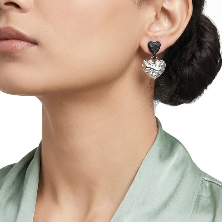 AYMI Black and Silver Anti-Tarnish Molten Heart Asymmetrical Earrings